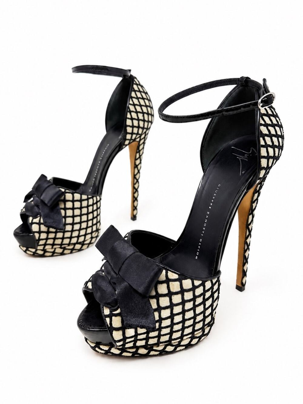 Giuseppe Zanotti Plaid Bow Platform Sandal Heels Ankle Strap Womens Size EU 39